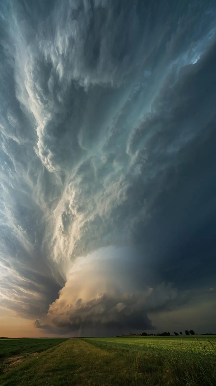 A supercell wall over open country, green-grey light, rain in the distance.