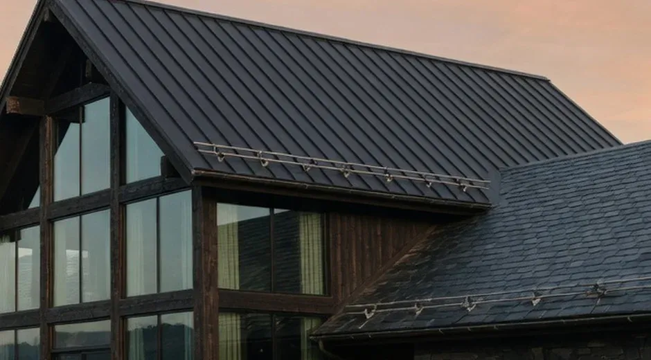 Standing-seam metal on a steep plane, snow guards along the eave, slate on the lower wing.