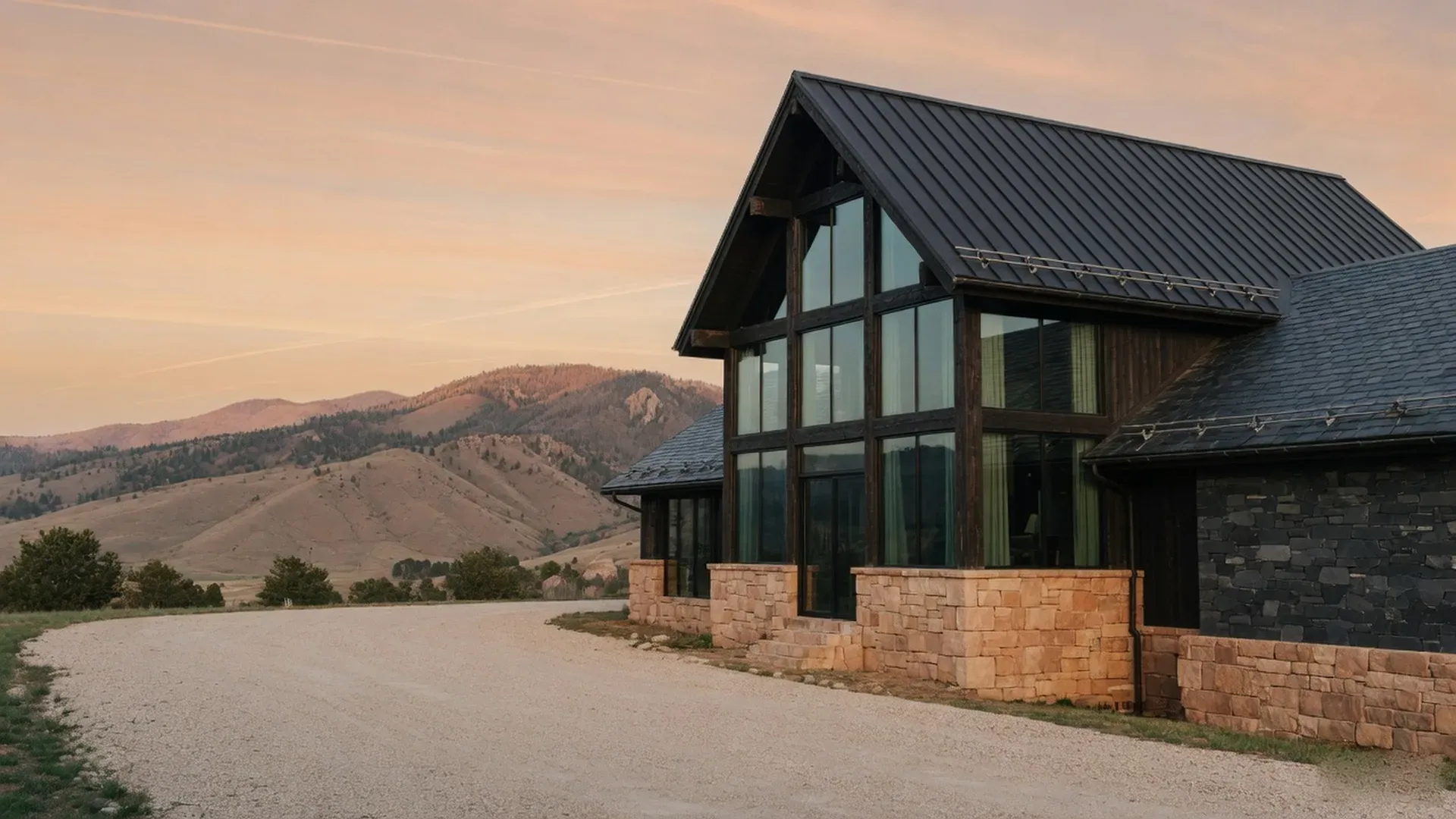 Mountain-modern house with standing-seam and slate roofs, clear late light over the Front Range foothills.