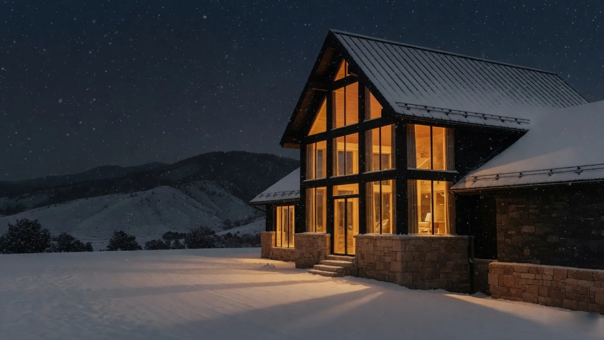 The same mountain-modern house at night, snow on the standing-seam roof, windows lit, foothills behind.